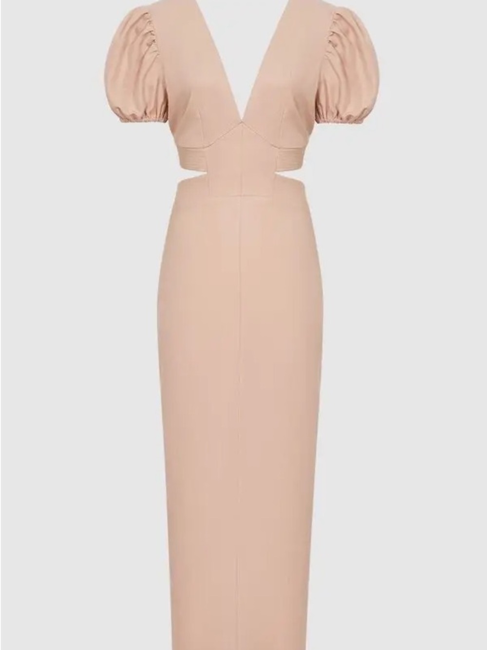 Reiss Jennah Puff Sleeve Cut Out Back Midi Dress in Linen